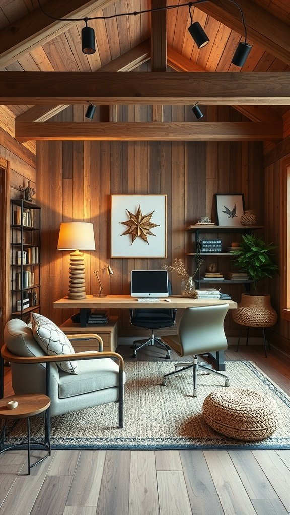 Cozy home office with rustic wooden walls and modern furniture.