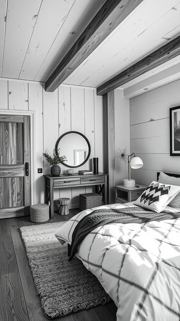 A black and white bedroom featuring rustic wooden beams and cozy textiles.