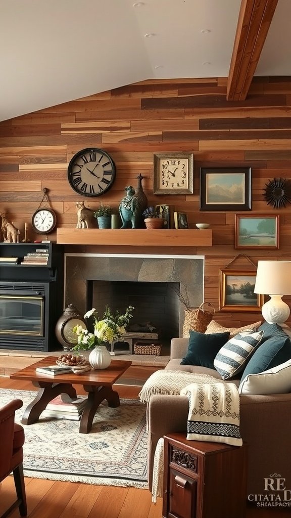 A modern living room featuring rustic wood paneling and cozy furniture.