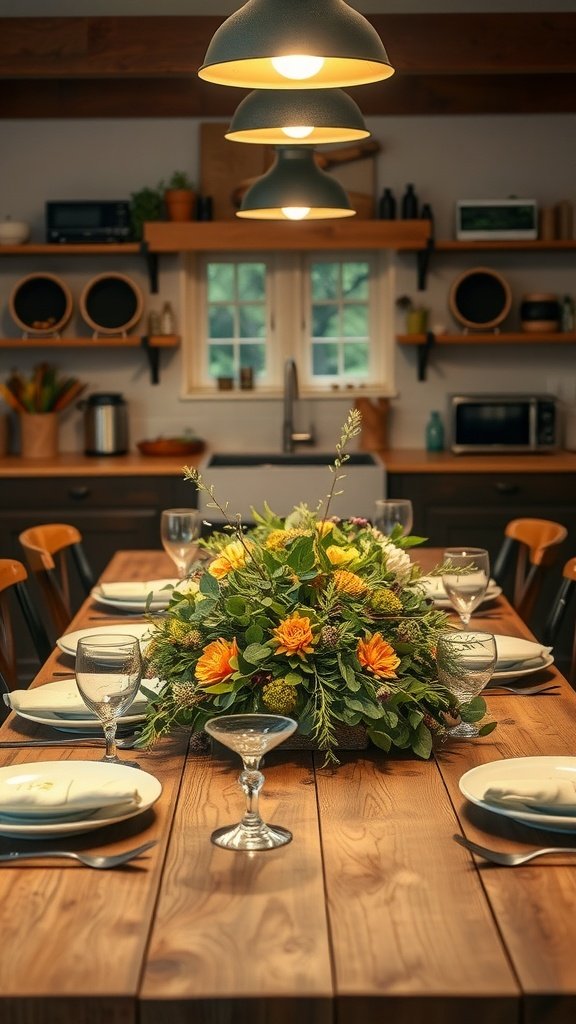A rustic farm table with a colorful floral centerpiece, elegant glassware, and natural wood, creating a cozy kitchen vibe.