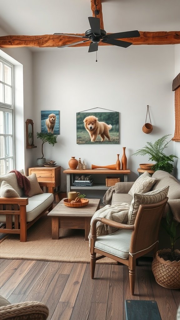 Cozy French country living room with weathered wood accents and rustic decor.