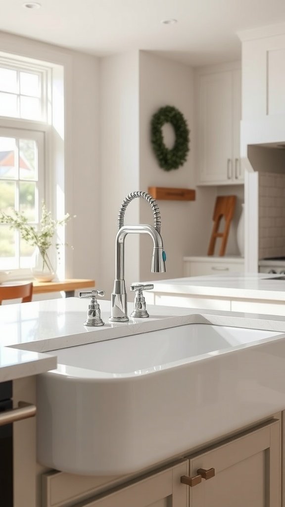 A rustic farmhouse sink with modern fixtures in a bright kitchen