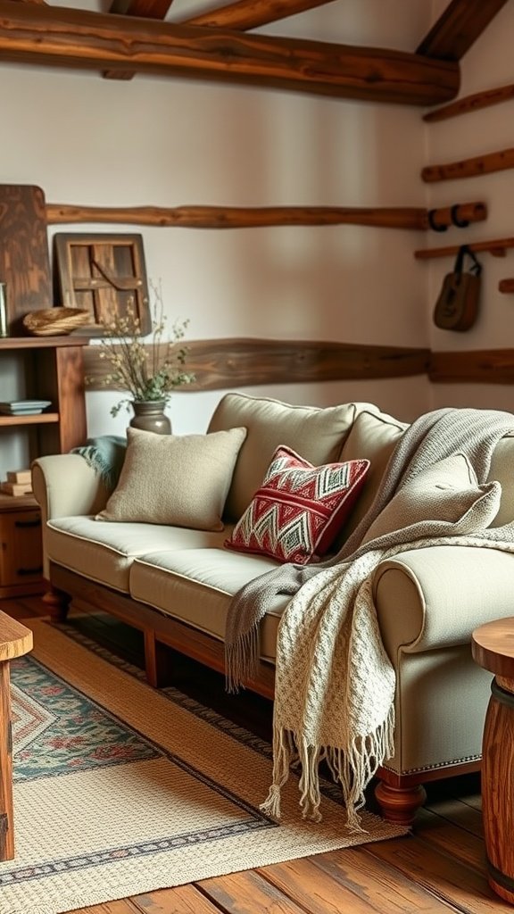 A cozy rustic farmhouse sofa with cushions and a throw blanket in a warm living room setting.