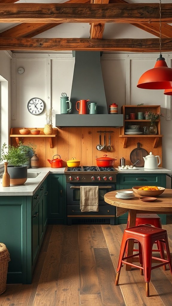 A rustic farmhouse kitchen featuring deep green cabinets, red stools, and wooden beams.