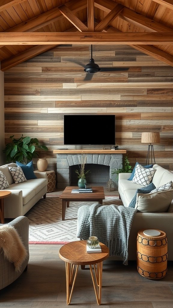 A modern living room featuring greige tones, wooden accents, and a cozy atmosphere.