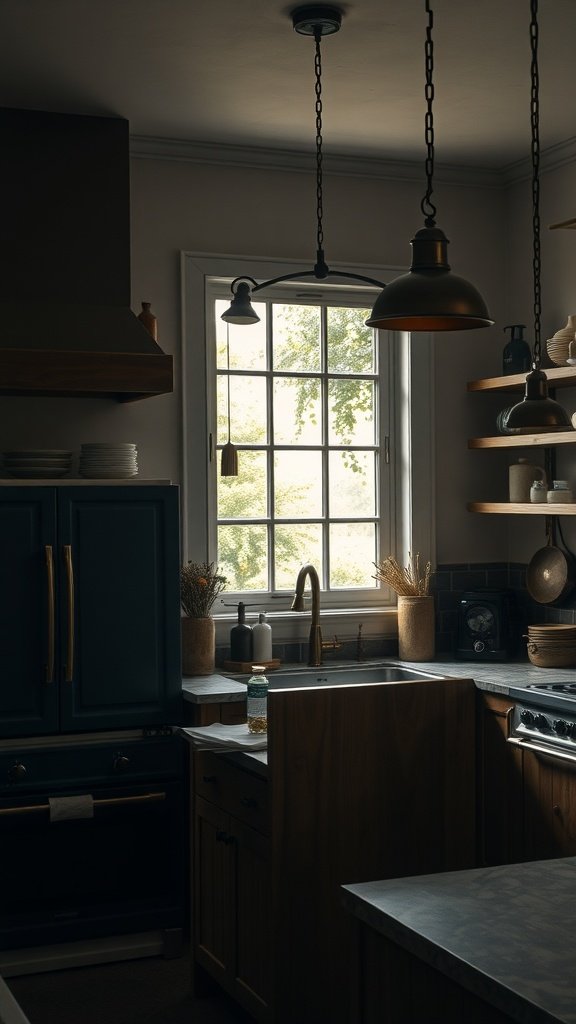 A moody kitchen featuring rustic iron fixtures and dark hues.