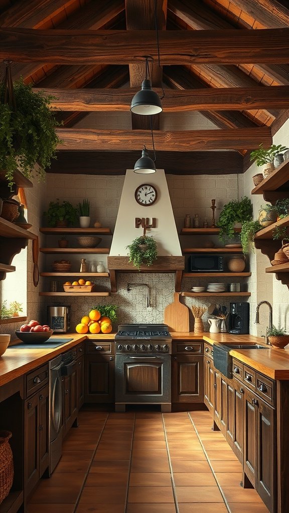 A rustic Italian farmhouse kitchen featuring warm wooden tones, earthy decor, and bright fruits.