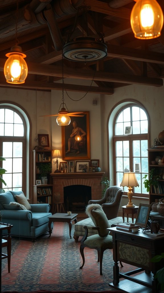 Cozy rustic living room featuring vintage lighting fixtures and furniture.