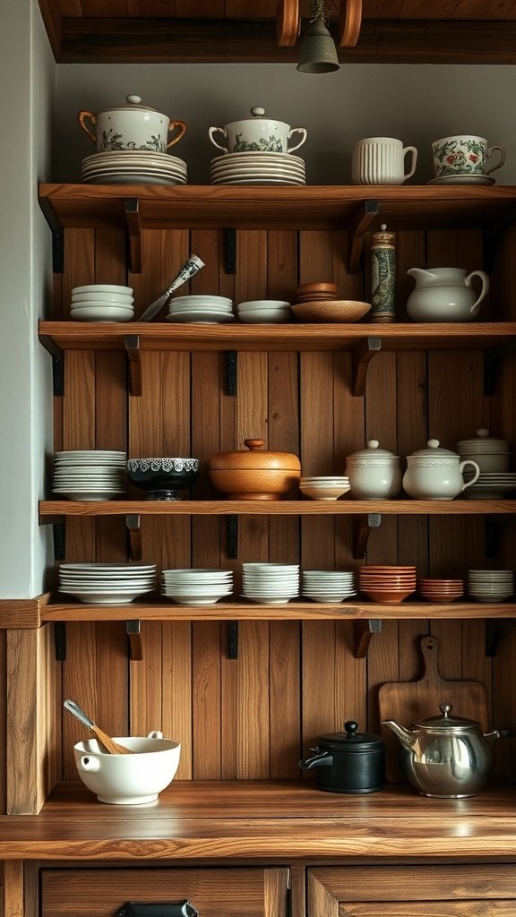 Rustic open shelving in a cozy kitchen showcasing various dishes and cookware.