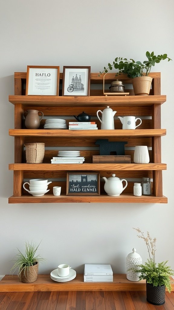 Rustic wooden floating shelves displaying dishes, plants, and decor