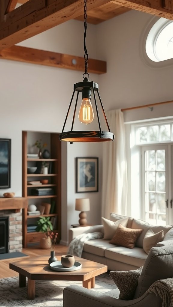 A rustic pendant light hanging from a wooden ceiling, illuminating a cozy living room.