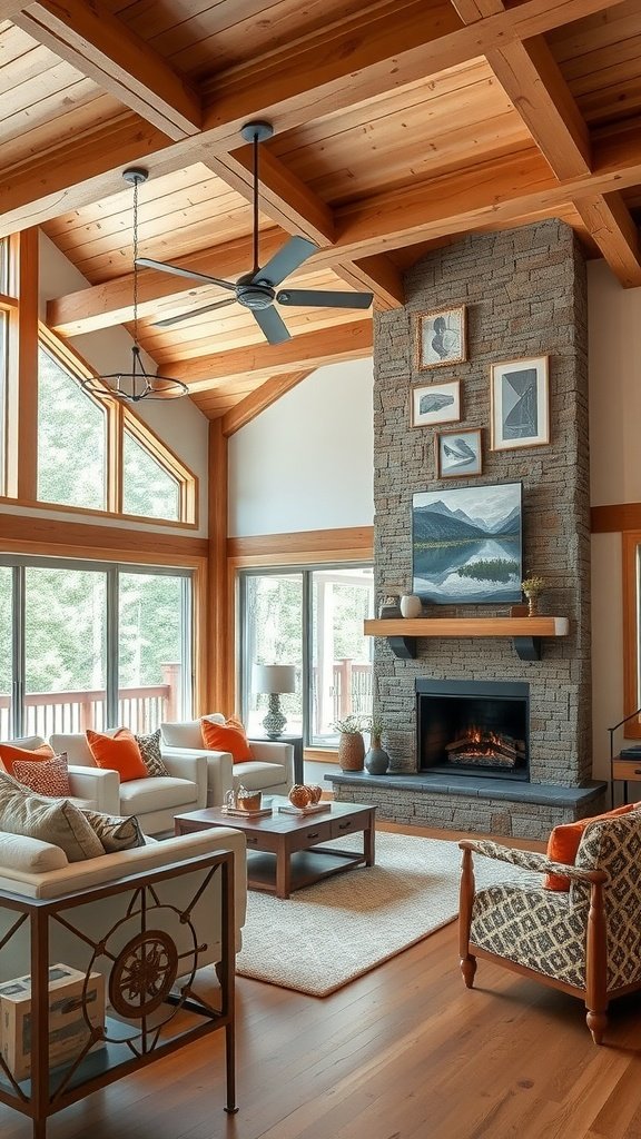 Cozy modern living room with rustic pine features, including beams and furniture.