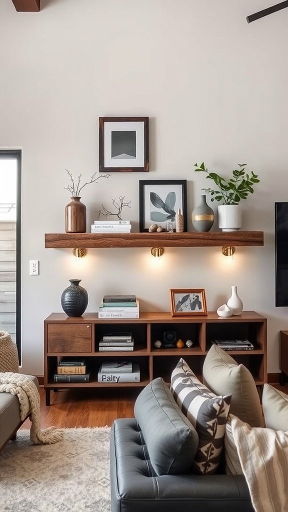 A cozy living room featuring rustic reclaimed wood elements, including wooden shelves and furniture.