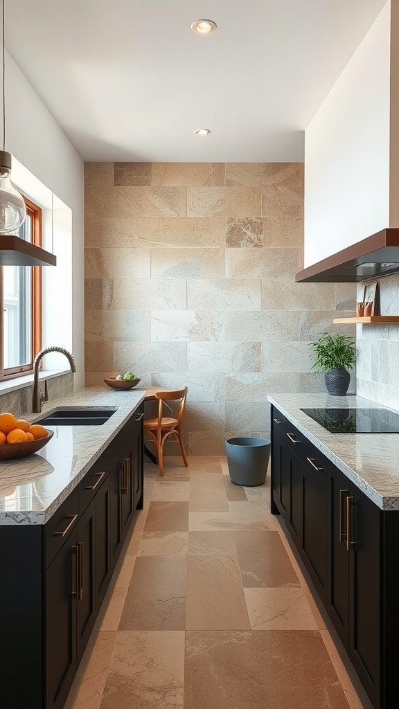 A modern kitchen featuring rustic stone countertops and dark cabinetry.