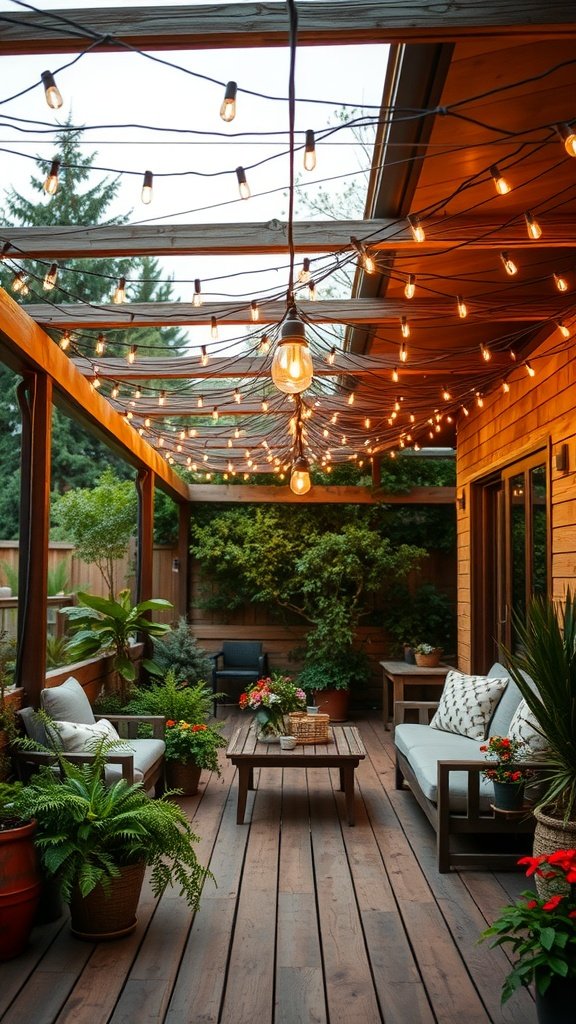 Rustic outdoor space with a string light canopy, featuring seating and plants.