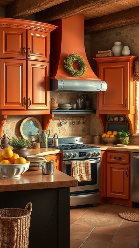A rustic kitchen featuring terra cotta cabinets and warm wood accents.