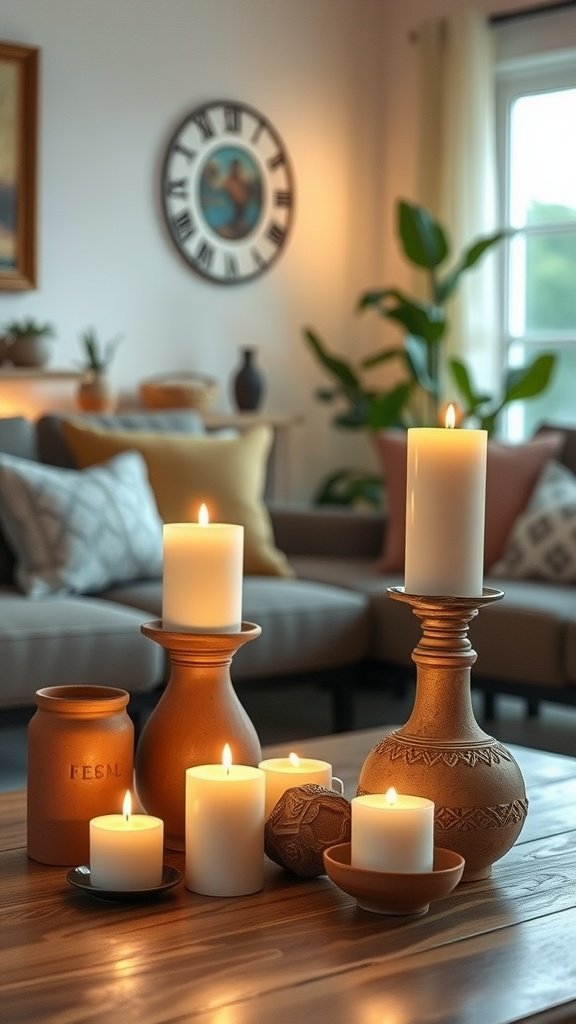 A collection of rustic terracotta candle holders with white candles, set on a wooden coffee table in a cozy living room.