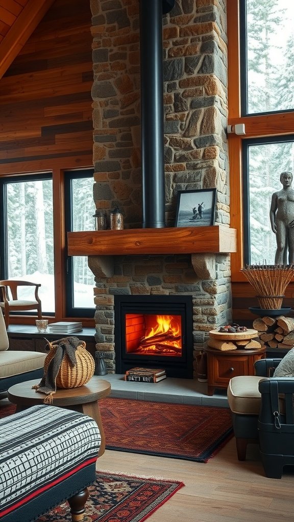 A rustic wood-burning fireplace surrounded by cozy furniture and large windows.