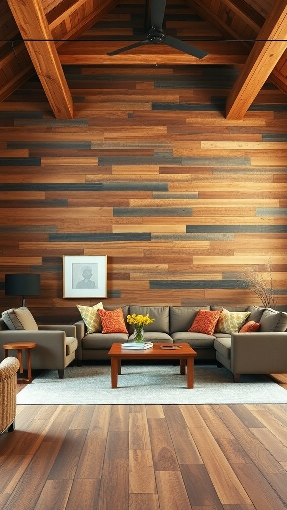 Modern living room with rustic wood beam accent wall, cozy furniture, and warm tones