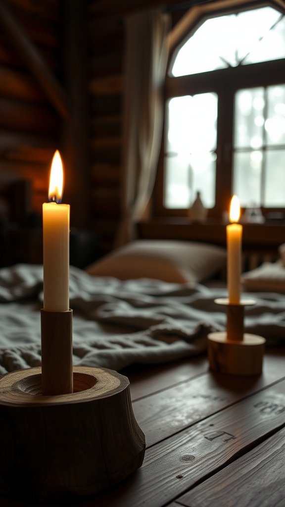 Two rustic wood candle holders with lit candles in a cabin setting.