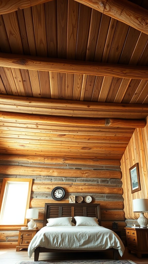 Rustic wood ceiling beams in a cozy bedroom.