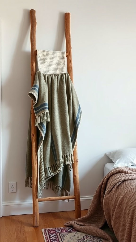 A rustic wood ladder holding a blanket in a cozy bedroom setting.