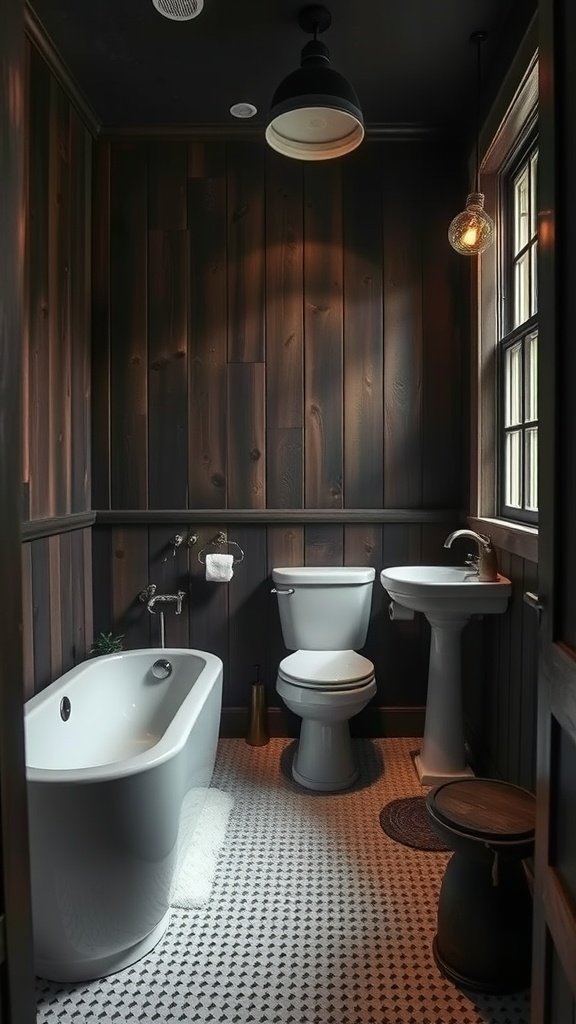 A small, dark bathroom featuring rustic wood paneling, a white bathtub, and modern fixtures.