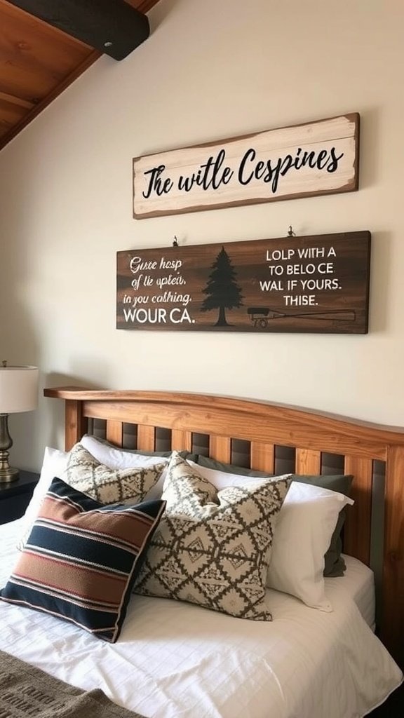 Rustic wooden signs on the wall above a bed in a cabin-inspired bedroom.