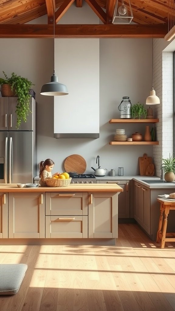 A modern kitchen featuring rustic wooden accents with a cozy design.