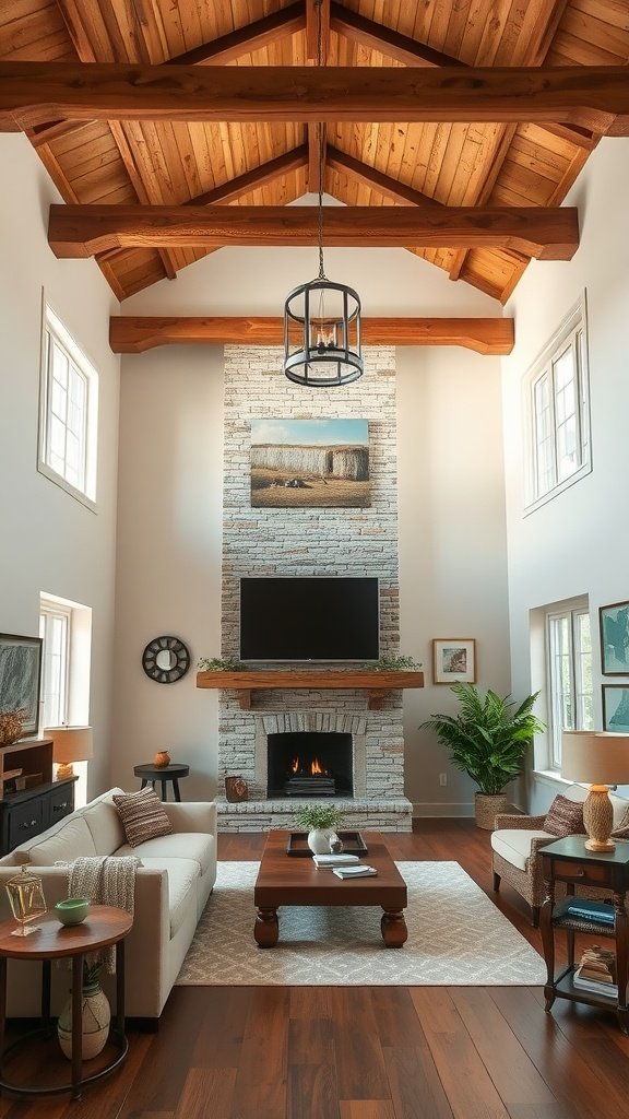 Rustic wooden beam lighting in a double-height living room with a cozy setting.
