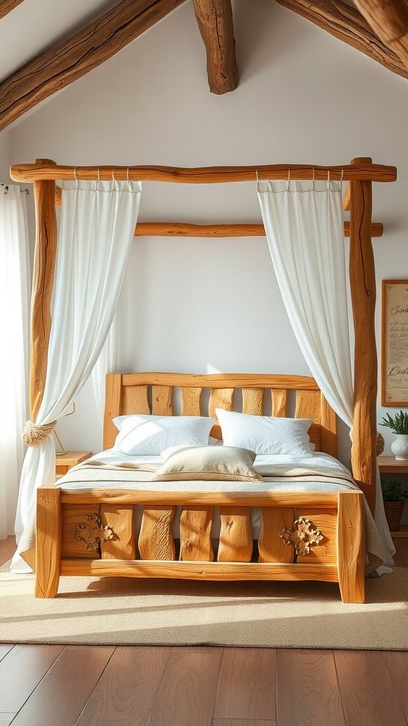 A rustic wooden canopy bed with white drapes and a warm color scheme.