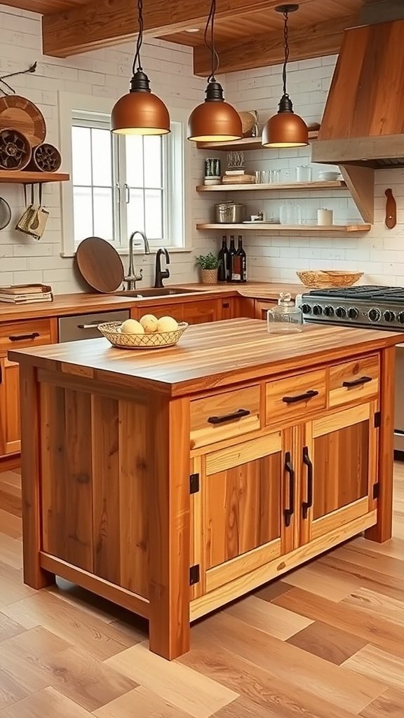 Rustic wooden kitchen island with storage options in a modern kitchen.