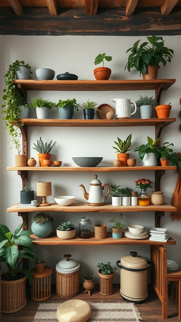 Rustic wooden shelves filled with a variety of plants and kitchenware.