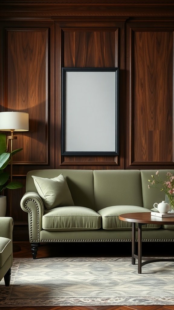 Sage green sofa paired with dark wood paneling and furniture.