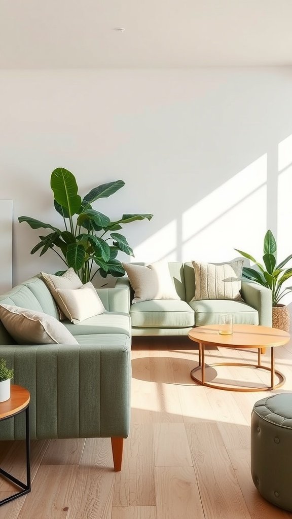 A sage green sofa with beige cushions and a warm wood coffee table in a well-lit room.