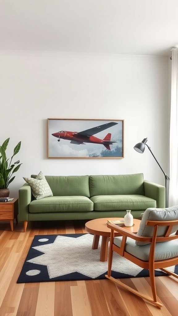 A cozy living room featuring a sage green sofa, natural wood furniture, and a soft rug.