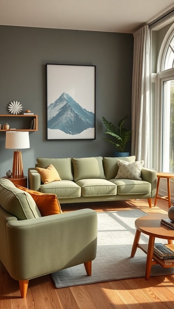 A cozy living room featuring sage green sofas, tan accents, and warm wood elements.