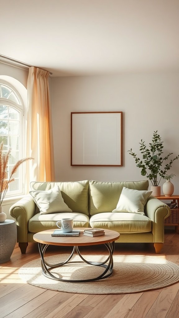 A cozy living room featuring a sage green sofa paired with warm wood elements and neutral decor.