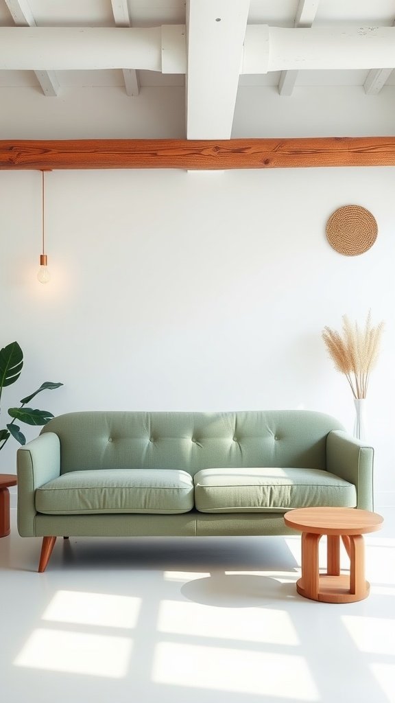 A sage green sofa with warm wood furniture in a bright, modern setting.