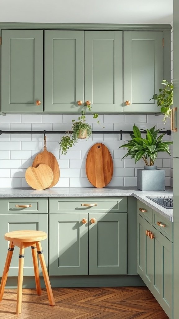 A kitchen featuring sage green cabinets, wooden cutting boards, and plants.