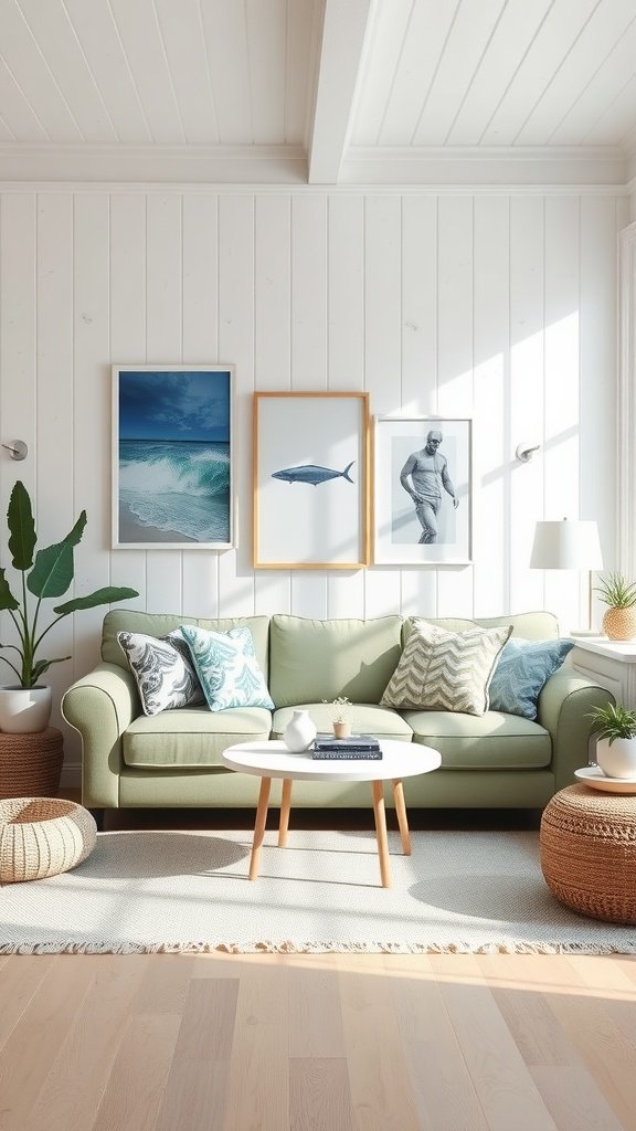 Sage green sofa in a coastal living room setting with light wood floors and natural decor.