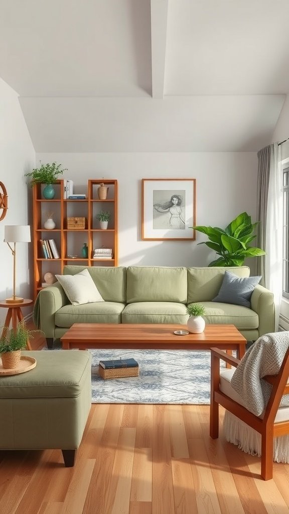 A cozy living room featuring a sage green sofa paired with wooden furniture.