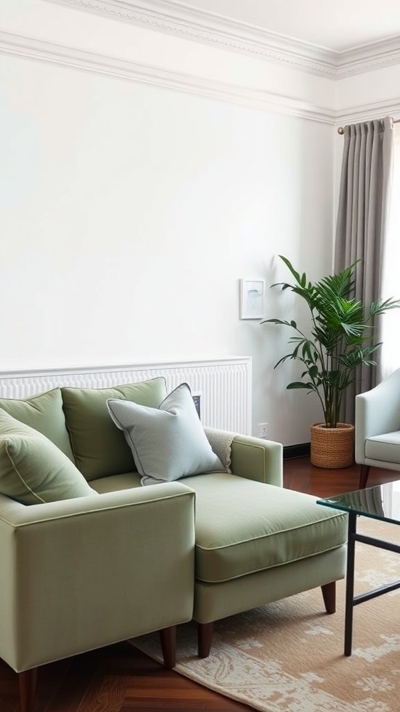 A cozy living space featuring a sage green sofa and soft gray accents.