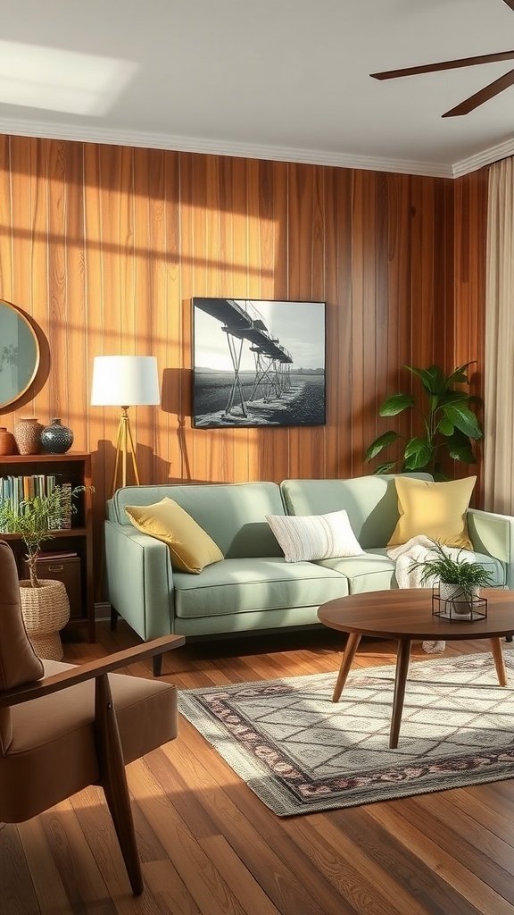 A cozy living room featuring a sage green sofa, warm wooden accents, and bright decorative pillows.