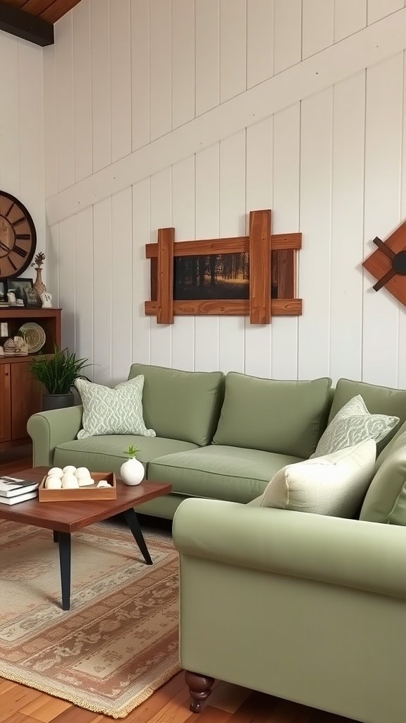 A sage green sofa with decorative pillows in a farmhouse setting, complemented by wooden furniture and a cozy rug.