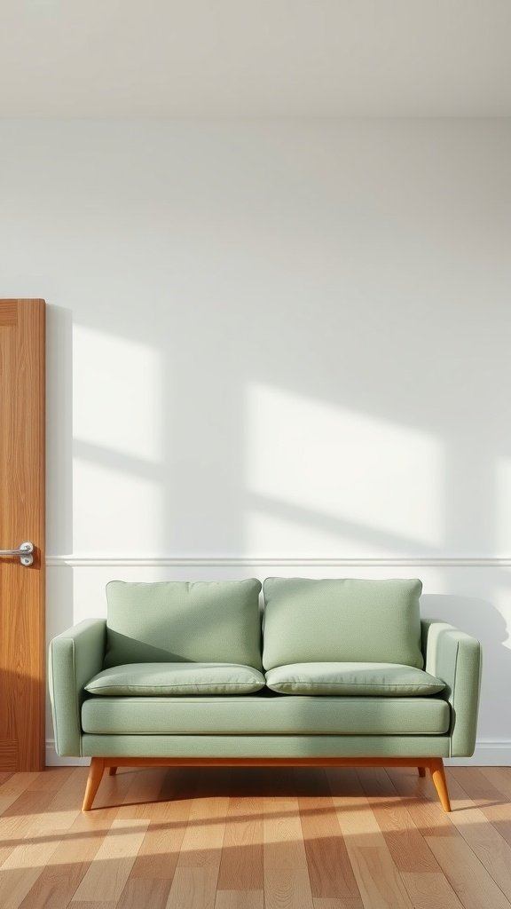 A minimalist room featuring a sage green sofa with wooden legs, bright light from large windows, and wooden flooring.