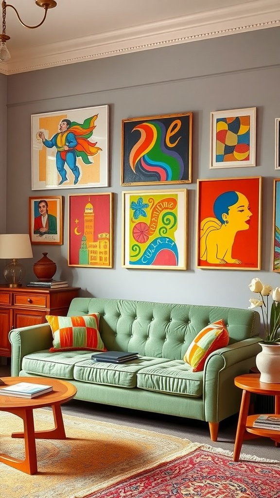 A sage green sofa with colorful art on the wall in a cozy living room.