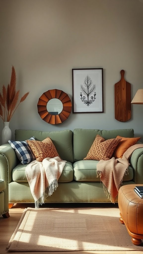 A cozy sage green sofa with warm throws and pillows in a bright living room.