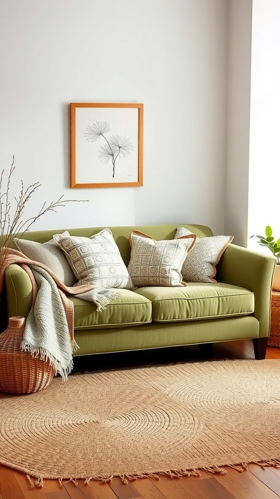 A sage green sofa adorned with patterned pillows, draped with a throw, set on a natural fiber rug.