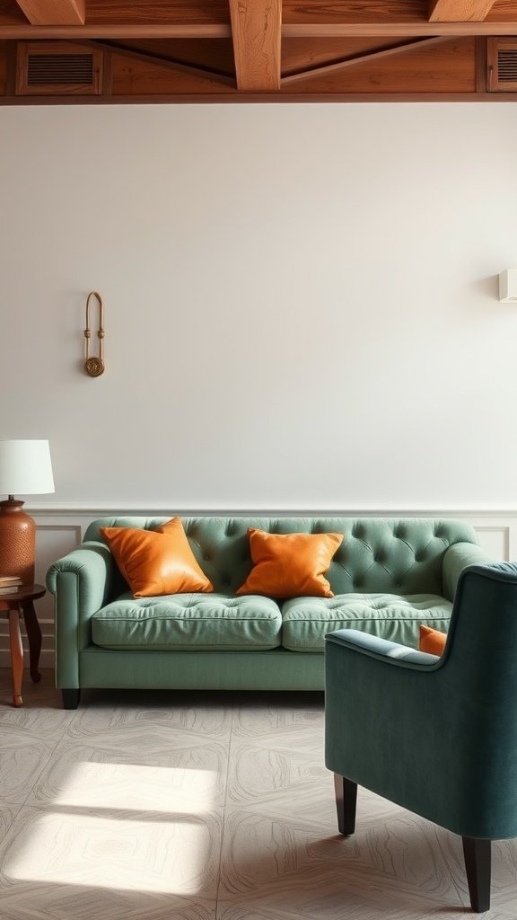 Sage green sofa with orange pillows and warm wood accents in a cozy living room.
